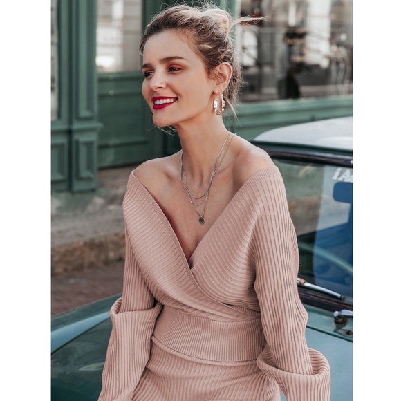 2 Piece Dress Rib Knit Midi V-Neck in Mocha Brown - Picture 6 of 10